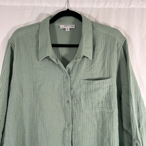 Anne Klein Jeans Blouse Women's XXL Green Button Up Long Sleeve Collared - Picture 3 of 10